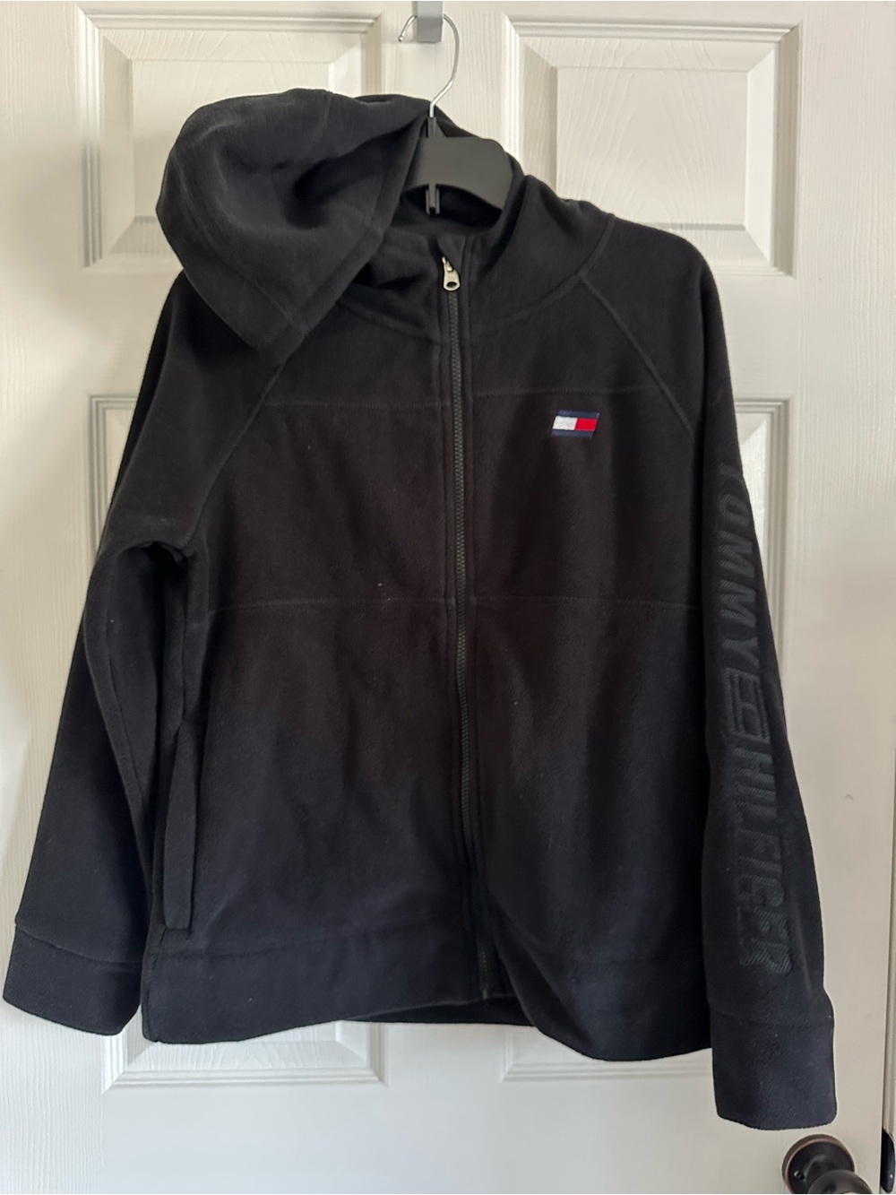 Tommy Hilfiger Black womensHooded Zip-Up Fleece Jacket with Flag Logo